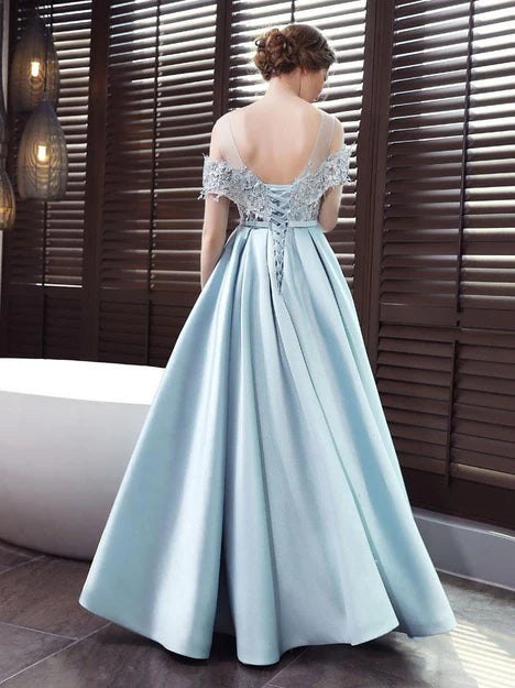 Luolandi Blue Satin A-line Long Party Dress Elegant Prom Dress Chic Evening Dress With Bow